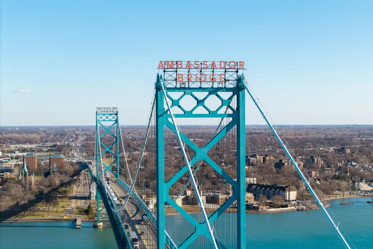 Ambassador Bridge between Windsor, Ontario and Detroit, Michigan, the busiest Canada–US truck crossing